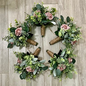 Dusty rose greenery bridesmaid bouquet eucalyptus wedding bouquet, Lambs ear sage bridal flowers