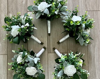 Greenery bridesmaids bouquets white rose bridal bouquet eucalyptus wedding bouquet, Lambs ear sage, wrist corsages wedding boutonnières