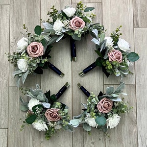 Boho bridesmaid bouquet, dusty pink, white roses & greenery bridal bouquet, eucalyptus sage wedding bouquet, corsage, boutonnières