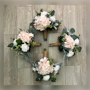 Bridesmaid bouquets, blush pink hydrangea premium white rose  & greenery bridal bouquet, eucalyptus sage wedding flowers