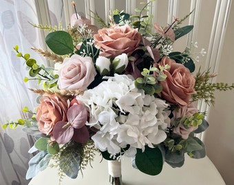 Boho neutral fall bridal bouquet, hydrangea taupe nude roses & greenery wedding bouquet, wheat fern eucalyptus bridesmaid flowers