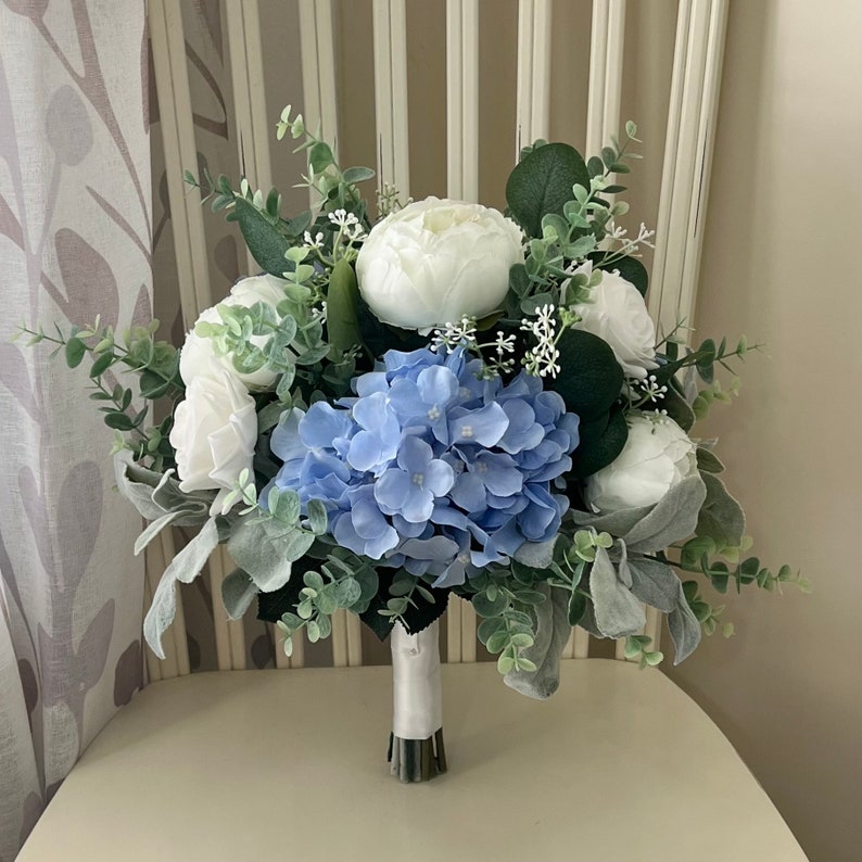 Boho wedding bouquet, white roses & blue hydrangea with eucalyptus bridal flowers, boho silk flower wedding, ivory peony bridesmaid flowers image 9