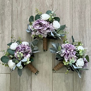 Dusty purple bridesmaids bouquet, lavender lilac hydrangea white roses & greenery bridal bouquet, purple wedding bouquet, eucalyptus