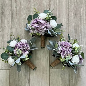 Dusty purple bridesmaids bouquet, lavender lilac hydrangea white roses & greenery bridal bouquet, purple wedding bouquet, eucalyptus