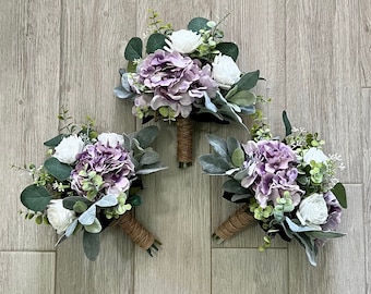 Dusty purple bridesmaids bouquet, lavender lilac hydrangea white roses & greenery bridal bouquet, purple wedding bouquet, eucalyptus