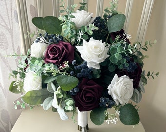 Boho bridal bouquet, real touch white roses, burgundy roses & spiral eucalyptus greenery, navy accents Lambs ear, bridesmaid wedding flowers