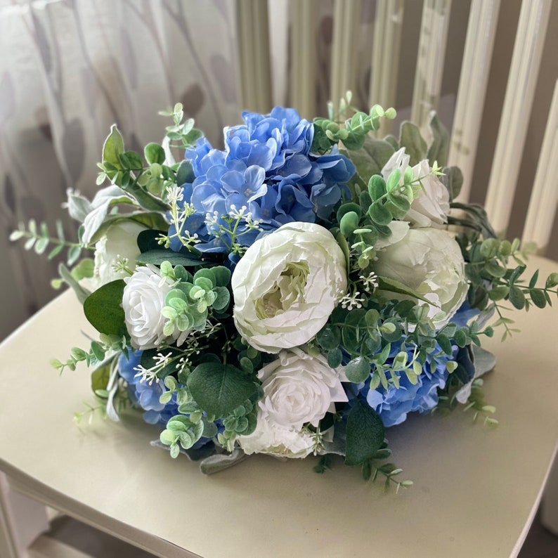 Boho wedding bouquet, white roses & blue hydrangea with eucalyptus bridal flowers, boho silk flower wedding, ivory peony bridesmaid flowers image 2