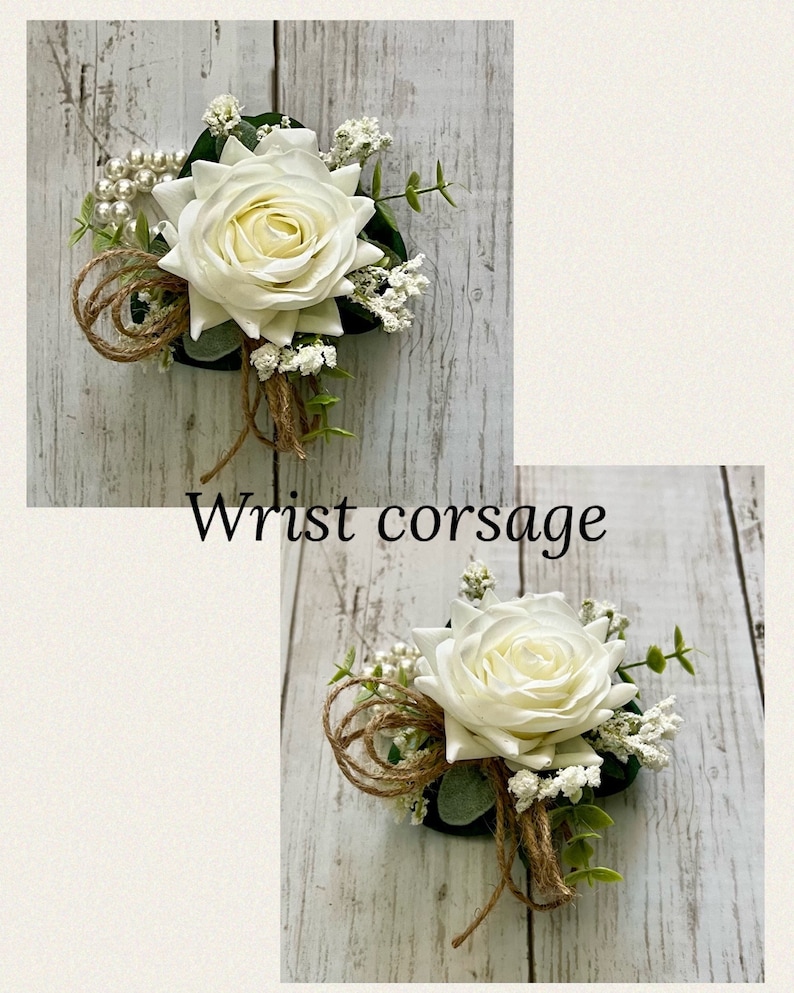 May include: A wrist corsage featuring a large white artificial rose, small white filler flowers, green leaves, a strand of white faux pearls, and loops of brown twine. The text "Wrist corsage" is printed in black below the top floral arrangement.