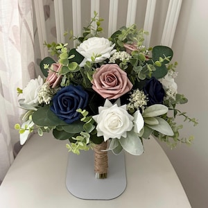 Boho bridal bouquet, Navy blue, dusty pink & white roses, greenery wedding ,silk artificial eucalyptus sage bridesmaid, corsage, boutonnière