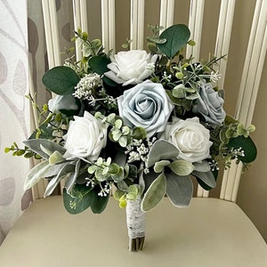 Wedding bouquet, ice light powder blue, white roses & greenery bridal bouquet, eucalyptus sage bridesmaids, corsage, boutonnières