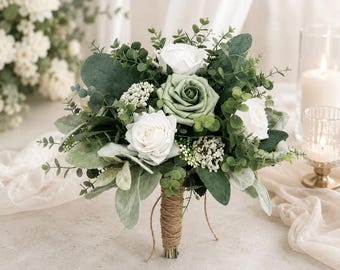 Boho bridal bouquet, soft sage green & white roses with greenery wedding bouquet, eucalyptus classic bridesmaids, wrist corsage, boutonnière