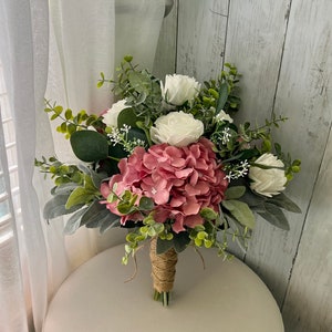 Boho wedding bouquet, mauve hydrangea white roses & greenery bridal bouquet, dusty rose wedding bouquet, eucalyptus sage bridesmaid flowers zdjęcie 7