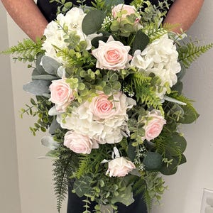 Boho blush cascade wedding bouquet, real touch light pink blush roses, white hydrangea & greenery bridal bouquet, eucalyptus bridesmaids