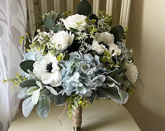 Boho dusty blue wedding bouquet, anemones, hydrangea, premium white roses & greenery bridal bouquet, eucalyptus sage silk bridesmaid flowers