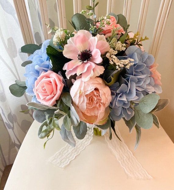 Boho wedding bouquet pink roses & blue hydrangea with | Etsy
