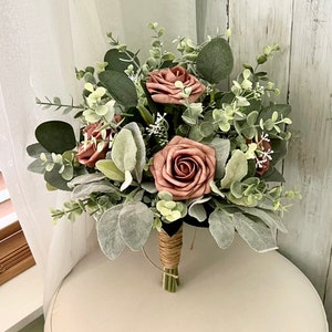 Boho dusty rose greenery bridal bouquet eucalyptus wedding bouquet, Lambs ear sage bridesmaid flowers