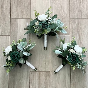 Forest green bridesmaid bouquet & white roses with greenery wedding bouquet, eucalyptus emerald bridal, wrist corsage, boutonnière