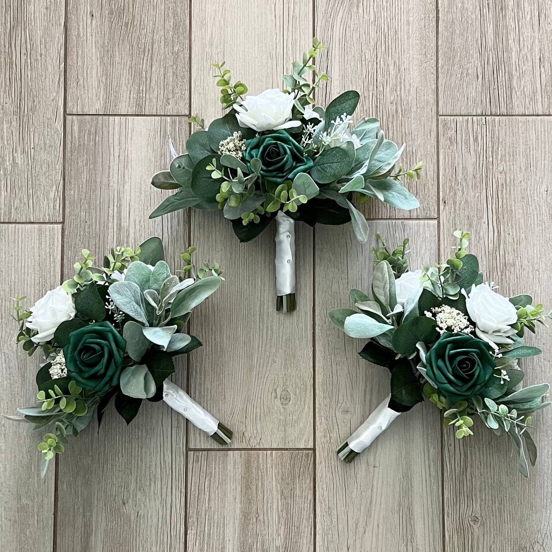 Forest green bridesmaid bouquet & white roses with greenery wedding bouquet, eucalyptus emerald bridal, wrist corsage, boutonnière