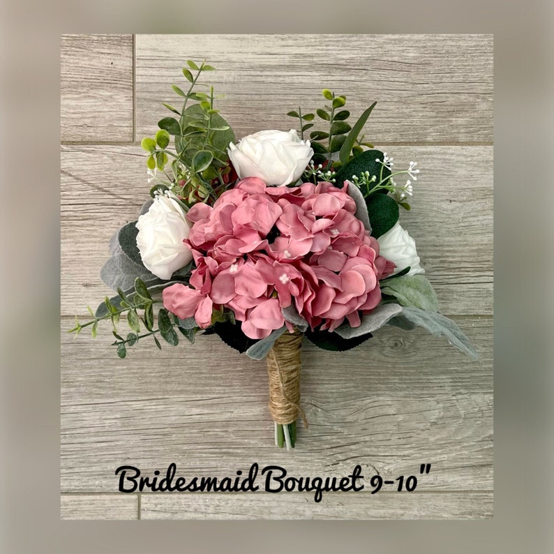 Boho wedding bouquet, mauve hydrangea white roses & greenery bridal bouquet, dusty rose wedding bouquet, eucalyptus sage bridesmaid flowers zdjęcie 4