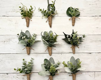 Boho greenery boutonnières with eucalyptus, fern lambs ear ficus wedding boutonnieres, faux silk homecoming prom boutonnière, babies breath