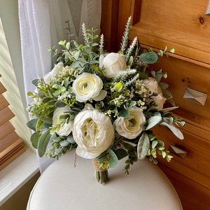 Wedding bouquet, READY TO SHIP ivory boho bridal bouquet, white wedding flowers, rustic peony sage green eucalyptus ranunculus bridesmaid