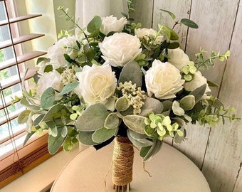 White Rose Wedding bouquet Boho style, premium realistic white rose & greenery bridal bouquet, classic sage eucalyptus bridesmaids flowers