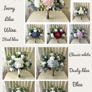 Boho wedding bouquet, mauve hydrangea white roses & greenery bridal bouquet, dusty rose wedding bouquet, eucalyptus sage bridesmaid flowers afbeelding 9