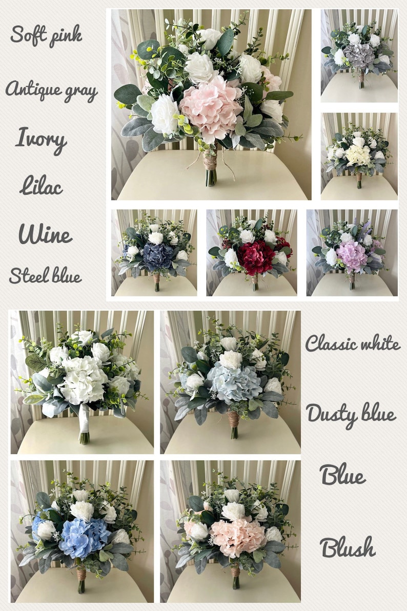 Boho wedding bouquet, mauve hydrangea white roses & greenery bridal bouquet, dusty rose wedding bouquet, eucalyptus sage bridesmaid flowers afbeelding 9