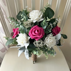 Boho Bridal bouquet hot pink & white roses, greenery wedding bouquet, artificial eucalyptus sage bridesmaids bouquet, corsage, boutonnières