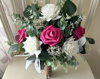 Boho Bridal bouquet hot pink & white roses, greenery wedding bouquet, artificial eucalyptus sage bridesmaids bouquet, corsage, boutonnières