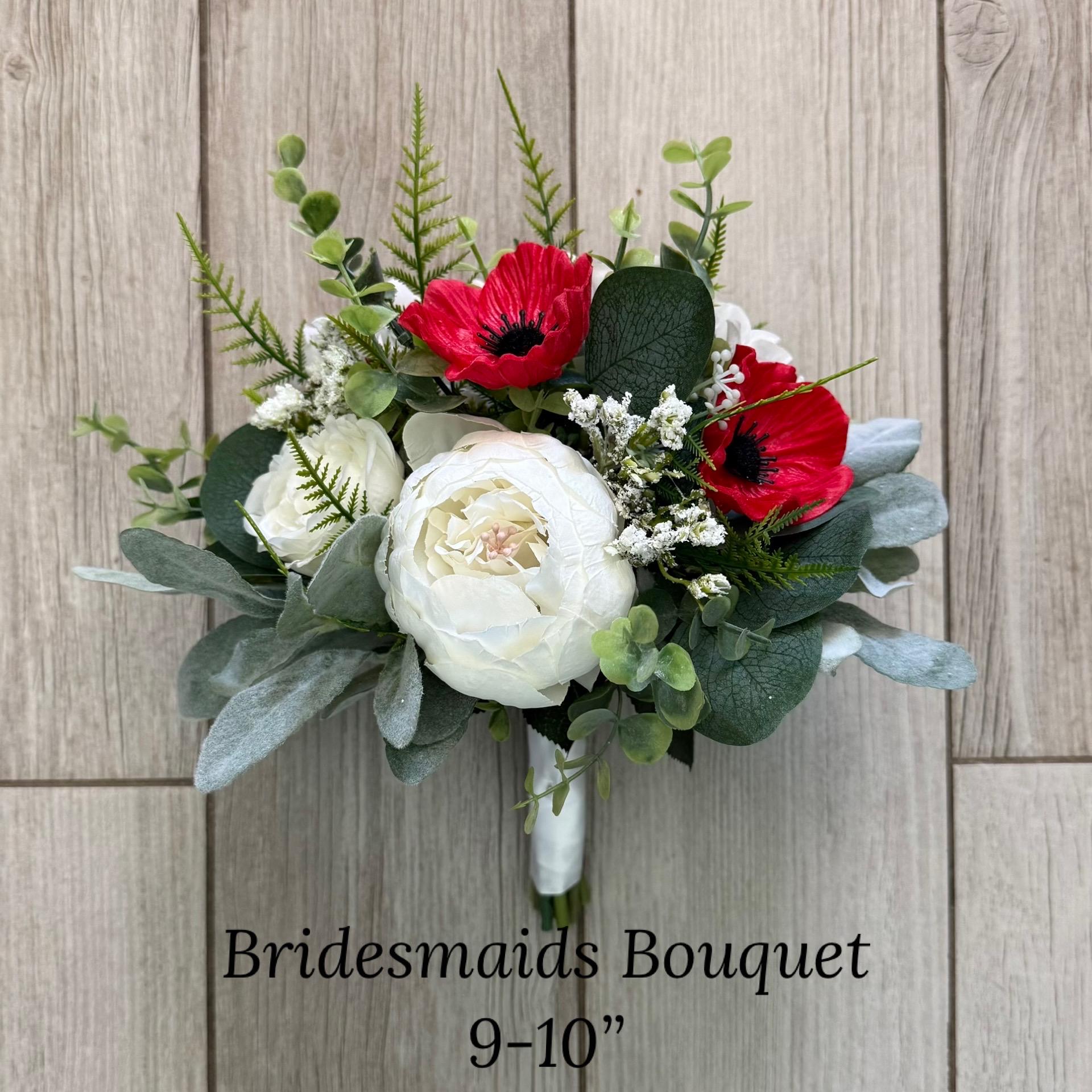 Ivory Peony & Red Poppy Bouquet, Eucalyptus Greenery, Silk Wedding 