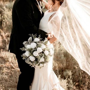 Boho bridal bouquet,  realistic real touch white roses & greenery wedding bouquet, eucalyptus sage wedding bouquet, bridesmaid flowers