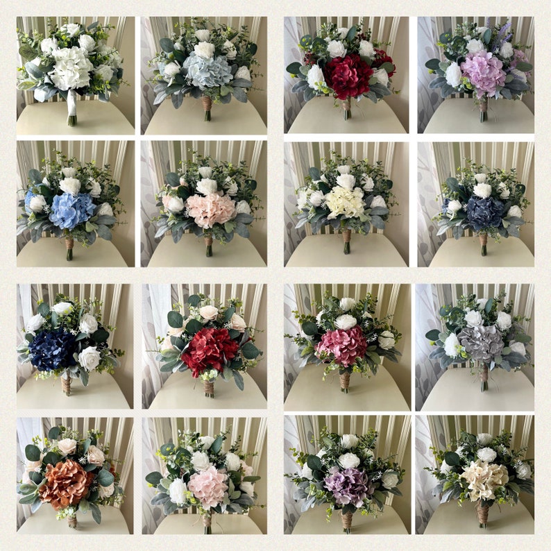 K&ouml;nnte beinhalten: Eine Sammlung von sechzehn k&uuml;nstlichen Hochzeitsstr&auml;u&szlig;en mit verschiedenfarbigen Hortensienbl&uuml;ten, wei&szlig;en Rosen und gr&uuml;nem Eukalyptuslaub. Jeder Strau&szlig; ist mit einem Stielband gebunden und zeigt eine vielf&auml;ltige Farbpalette.