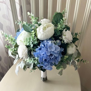 Boho wedding bouquet, white roses & blue hydrangea with eucalyptus bridal flowers, boho silk flower wedding, ivory peony bridesmaid flowers