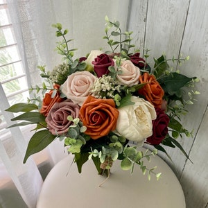 Wedding bouquet, fall terracotta beige rose ivory peony bridal bouquet, burgundy flowers, eucalyptus ficus rust burnt orange bridesmaid