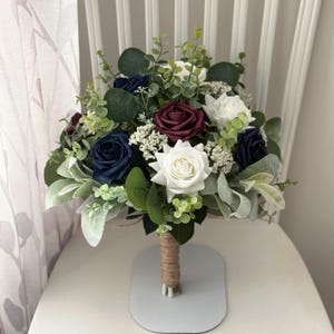 Boho bridal bouquet, Navy burgundy & white roses, greenery wedding bouquet,silk artificial eucalyptus sage bridesmaid, , corsage, boutonnièr