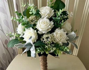 Boho wedding bouquet, premium ivory roses & greenery bridal bouquet, sage green lambs ear, eucalyptus bridesmaid flowers