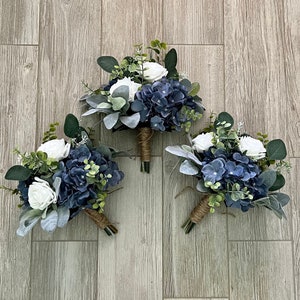 Boho bridesmaid bouquet, dark dusty blue hydrangea premium white roses & greenery bridal, steel smokey blue, eucalyptus sage wedding flowers