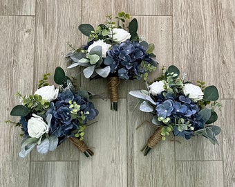 Boho bridesmaid bouquet, dark dusty blue hydrangea premium white roses & greenery bridal, steel smokey blue, eucalyptus sage wedding flowers