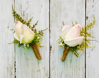 Blush rosebud boutonniere with fern, realistic rose wedding boutonnieres, faux silk homecoming prom boutonniere, light pink real touch