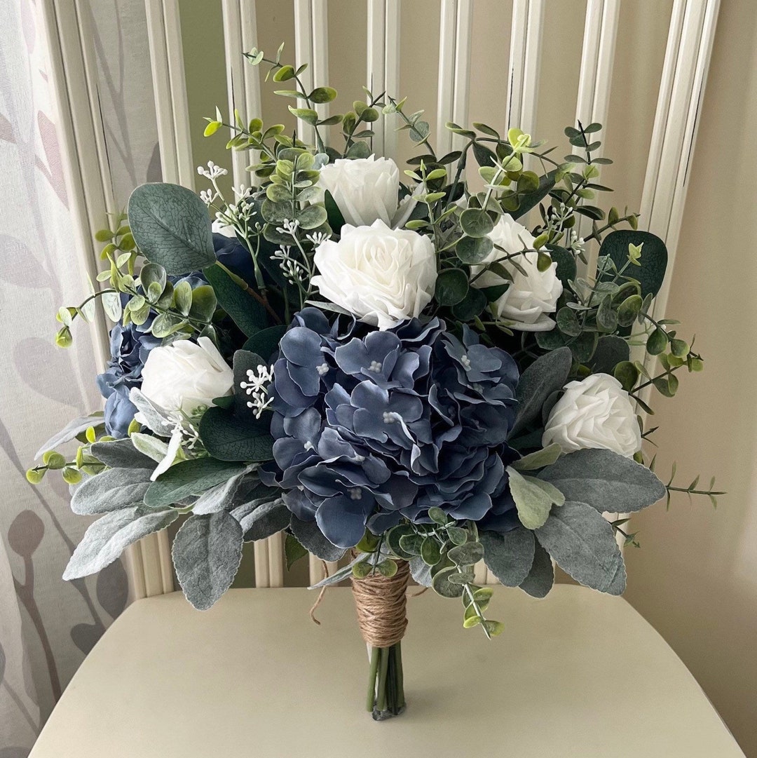 Hydrangea Wedding Bouquet, Steel Blue Hydrangea Premium White Roses