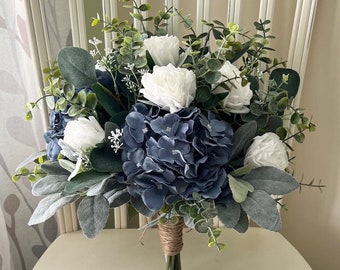 Hydrangea wedding bouquet, steel blue hydrangea premium white roses & greenery bridal, dark dusty smokey blue, eucalyptus sage bridesmaids