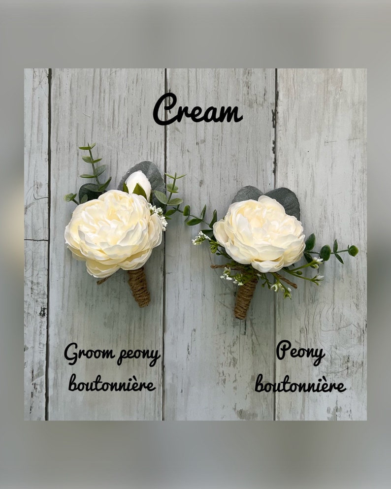 Peony boutonniere with eucalyptus, ivory cream wedding boutonnieres, faux silk blush pink homecoming boutonniere, dusty purple prom image 6