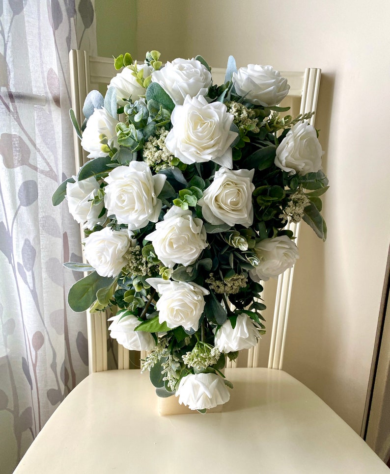 Boho cascading bridal bouquet white rose cascade wedding | Etsy