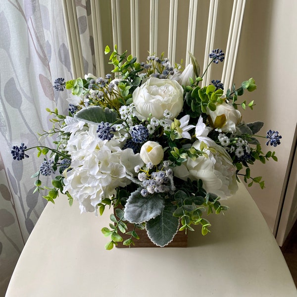Silk flower centerpiece for the table, farmhouse style white gray blue arrangement, eucalyptus & lambs ear shabby chic