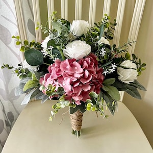Boho wedding bouquet, mauve hydrangea white roses & greenery bridal bouquet, dusty rose wedding bouquet, eucalyptus sage bridesmaid flowers image 1