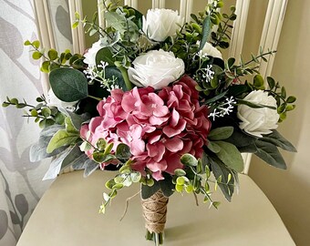 Boho wedding bouquet, mauve hydrangea white roses & greenery bridal bouquet, dusty rose wedding bouquet, eucalyptus sage bridesmaid flowers