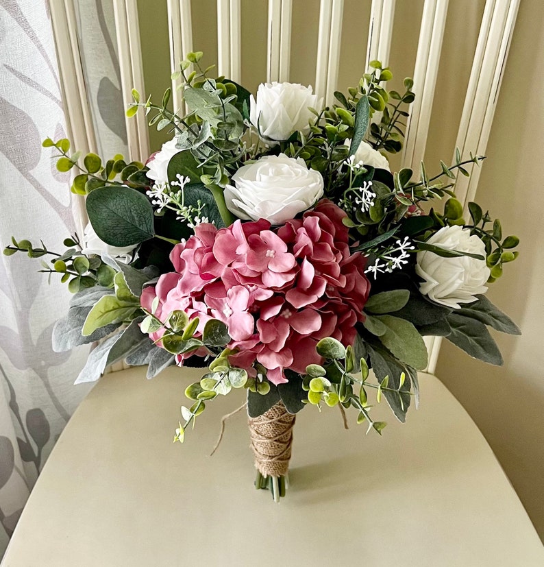 Boho wedding bouquet, mauve hydrangea white roses & greenery bridal bouquet, dusty rose wedding bouquet, eucalyptus sage bridesmaid flowers zdjęcie 1