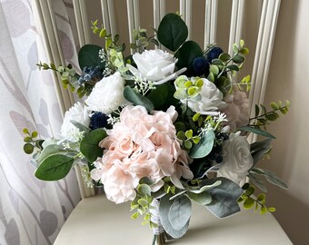 Boho blush pink and navy wedding bouquet premium white roses hydrangea blue thistle accent flowers & bridal  bridesmaid boutonnière