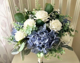 Boho wedding bouquet, Dusty blue hydrangea premium ivory real touch roses & greenery bridal bouquet, eucalyptus sage bridesmaid flowers